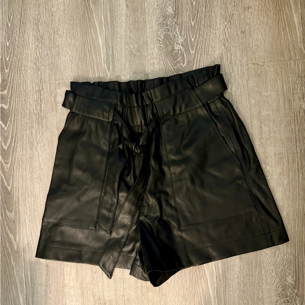 Zara High Rise Belted Faux Leather Shorts - Black
